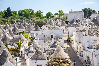 Panoramic view of Town of Alberobello, village with Trulli house in Puglia Apulia region, Southern Italy