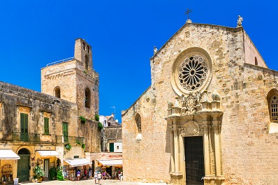 Summer vacation in Puglia, Otranto old town, view with castle and marine. South of Italy